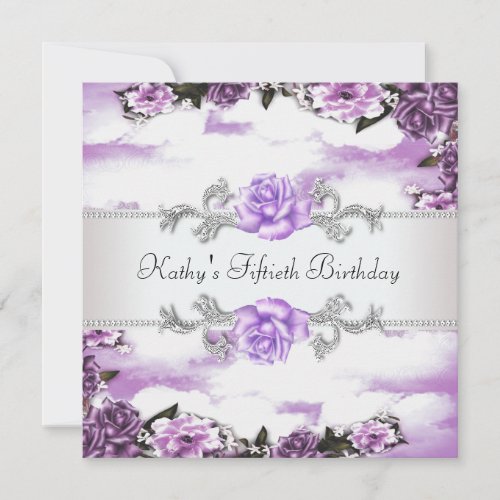 Womans Purple Lavender Roses 50th Birthday Party Invitation