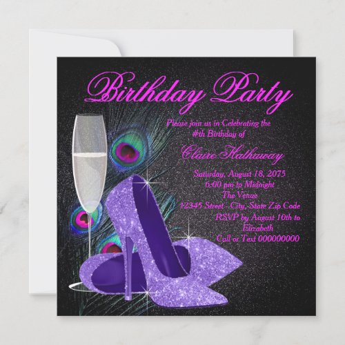 Womans Purple Peacock Birthday Party Customized Announcement Card