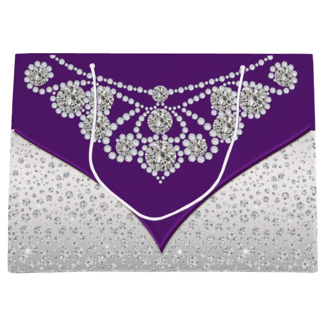 Womans Purple Silver Gray Diamond Princess Large Gift Bag (Front)