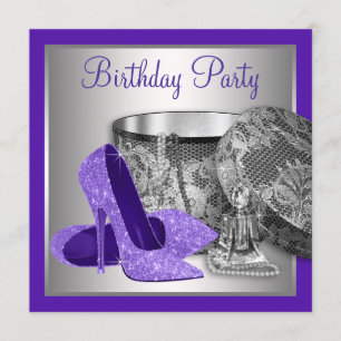 Womans Purple Silver High Heel Birthday Party Invitation