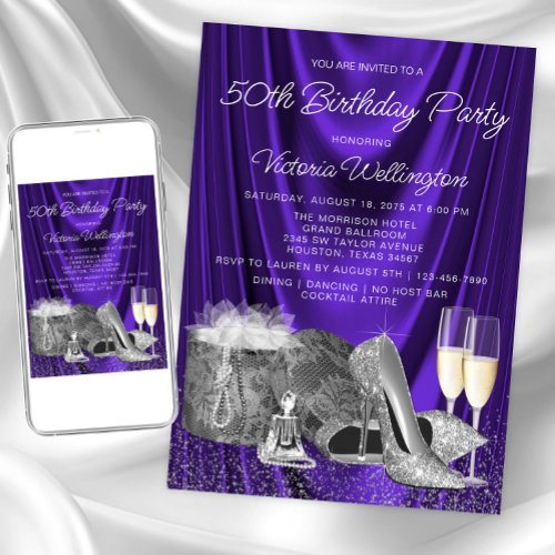 Womans Purple Silver Shoe Champagne Birthday Invitation