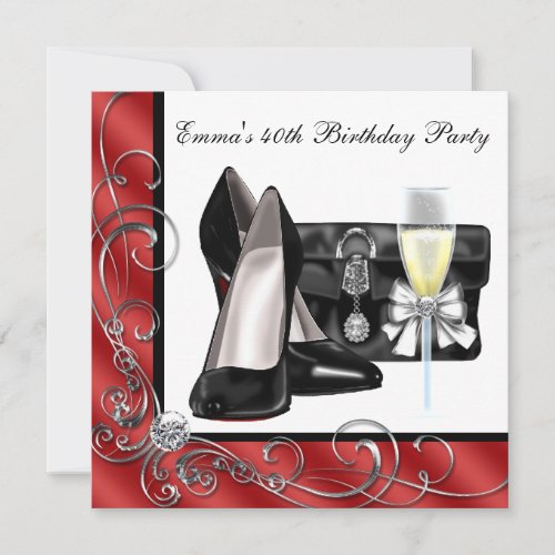 Womans Red 40th Birthday Party Invitations