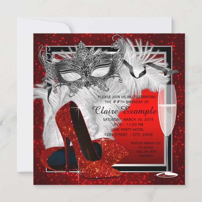 Womans Red and Black Masquerade Birthday Party Invitation (Front)