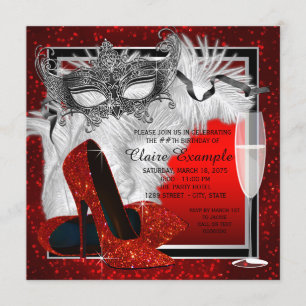 Womans Red and Black Masquerade Birthday Party Invitation