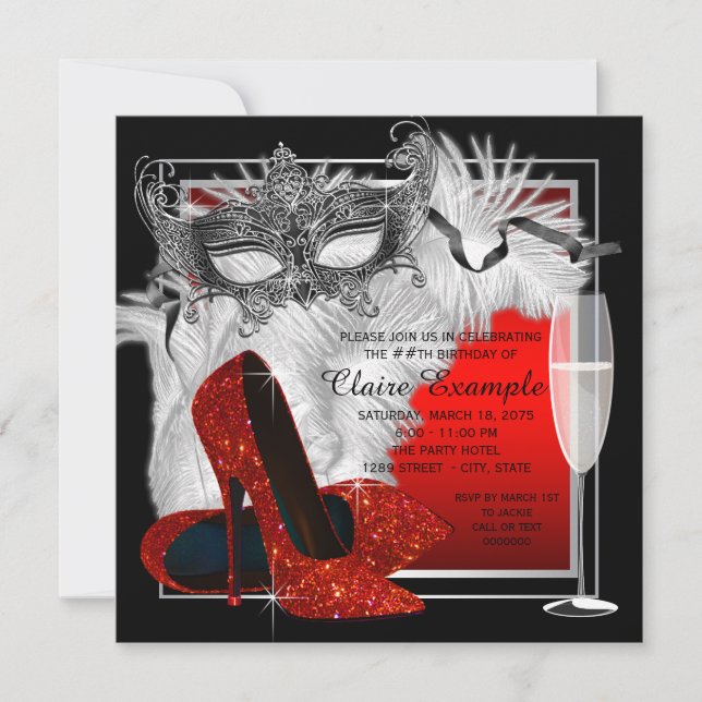 Womans Red and Black Masquerade Birthday Party Invitation (Front)