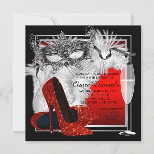 Womans Red and Black Masquerade Birthday Party Invitation