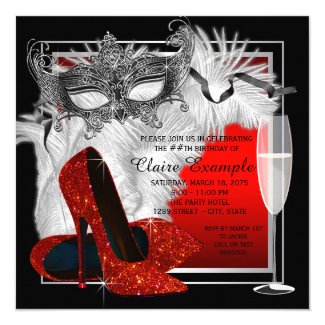 Womans Red and Black Masquerade Birthday Party Invitation