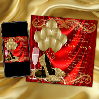 Womans Red and Gold Birthday Party Glam Invitation