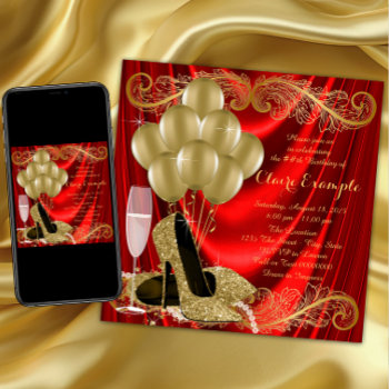 Womans Red And Gold Birthday Party Glam Invitation by Pure_Elegance at Zazzle