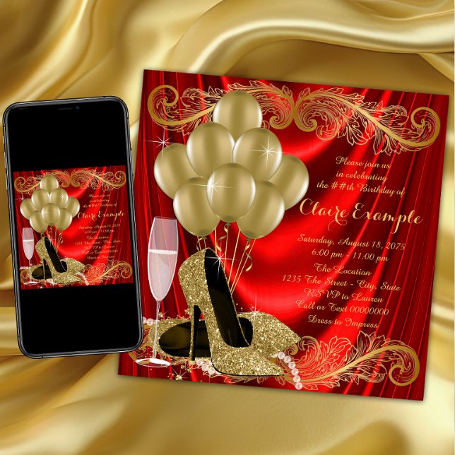 Womans Red and Gold Birthday Party Glam Invitation