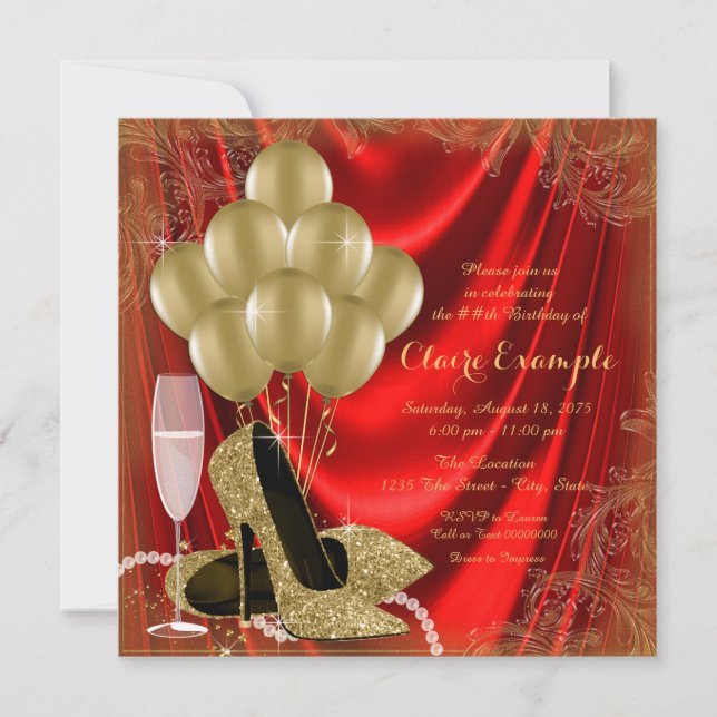 Womans Red and Gold Birthday Party Satin Glitter Invitation (Front)