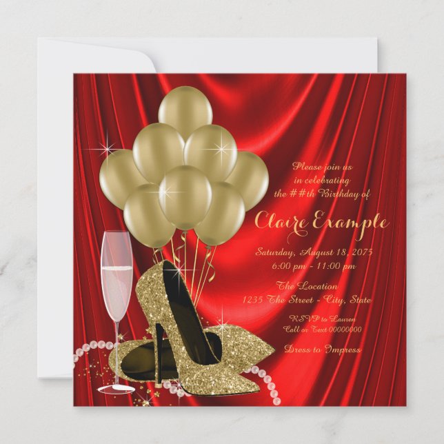 Womans Red and Gold Birthday Party Satin Invitation (Front)
