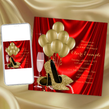 Womans Red And Gold Birthday Party Satin Invitation by Pure_Elegance at Zazzle