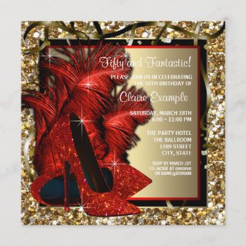 Womans Red And Gold High Heels Birthday Party Invitation by Pure_Elegance at Zazzle