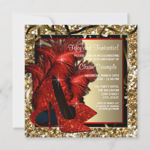 Womans Red and Gold High Heels Birthday Party Invitation