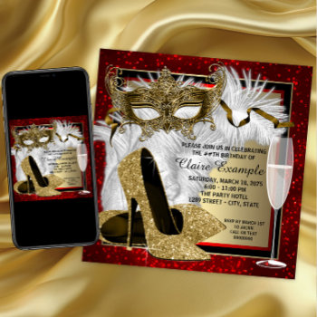 Womans Red And Gold Masquerade Birthday Party Invitation by Pure_Elegance at Zazzle