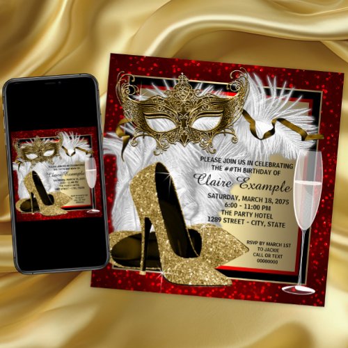 Womans Red and Gold Masquerade Birthday Party Invitation