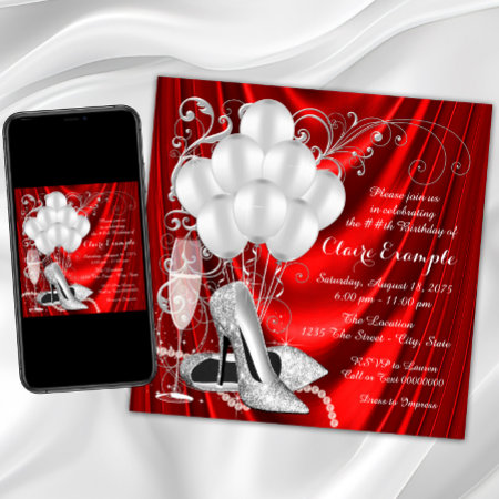 Womans Red And Silver Birthday Party Luxe Invitation