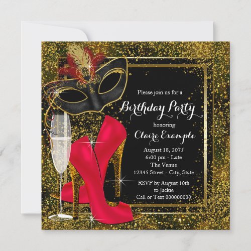Womans Red Black Gold High Heel Birthday Party Invitation
