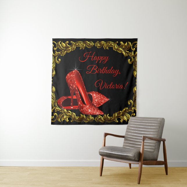 Womans Red Black Gold Shoe Birthday Party Backdrop (In Situ)