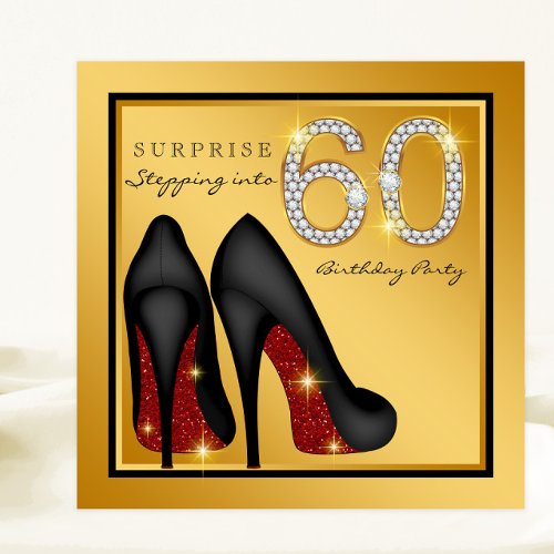 Womans Red Black Gold Surprise 60th Birthday Party Invitation