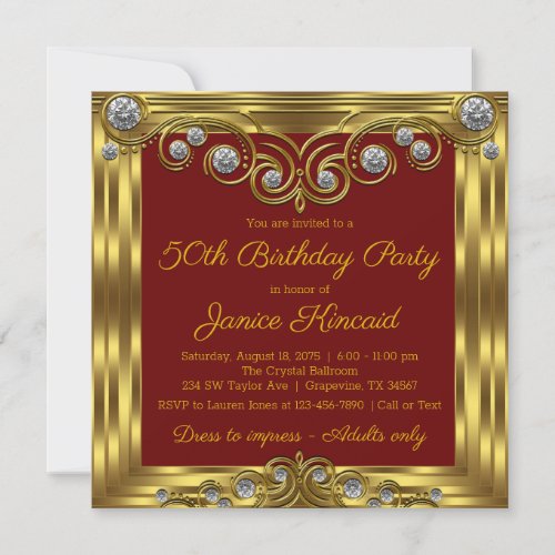 Womans Red Gold Birthday Party Invitation