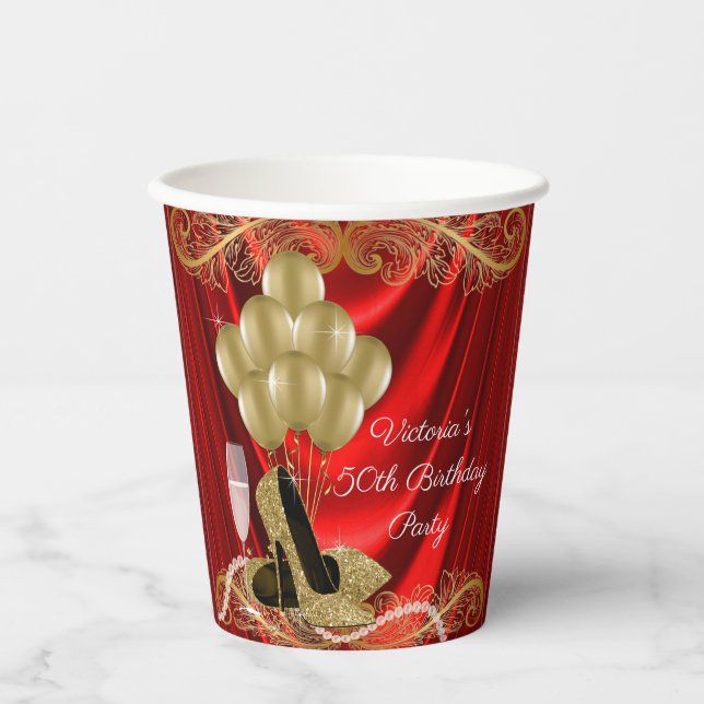Womans Red Gold Birthday Party Paper Cups (Front)