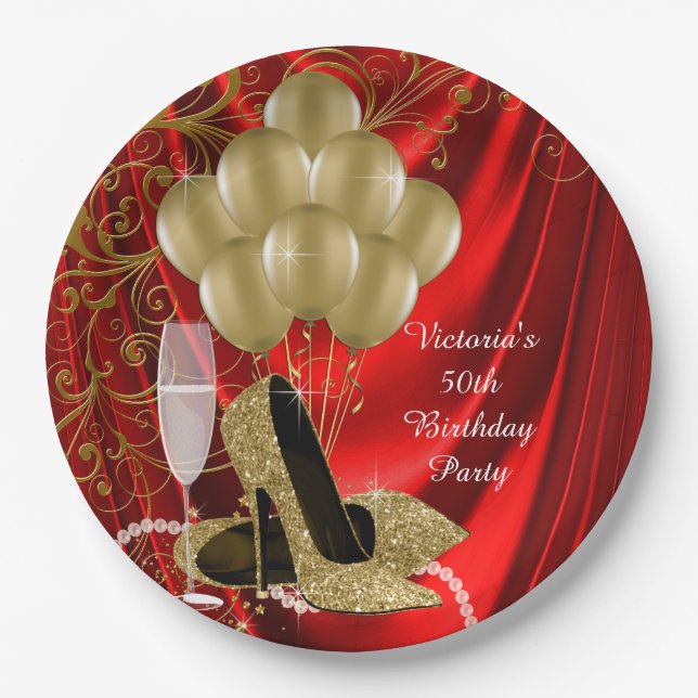 Womans Red Gold Birthday Party Paper Plates (Front)