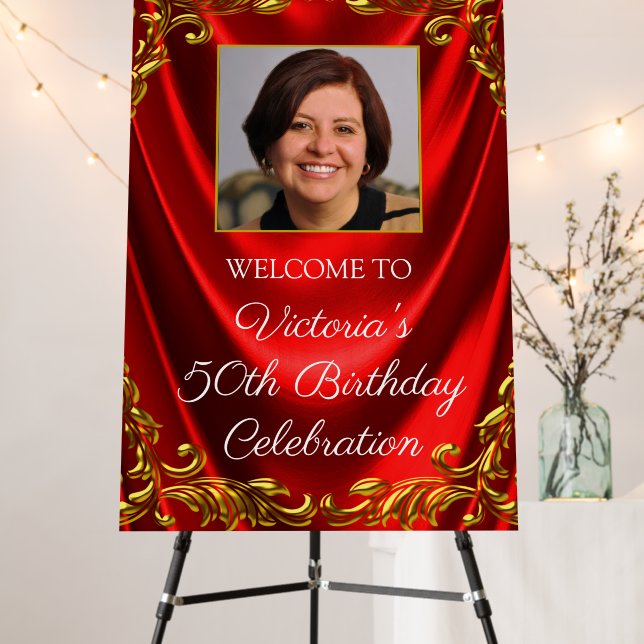 Womans Red Gold Photo Birthday Welcome Sign (In Situ (Stand))