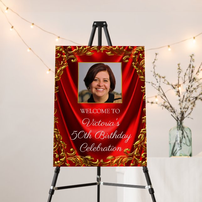 Womans Red Gold Photo Birthday Welcome Sign (In Situ (Stand))