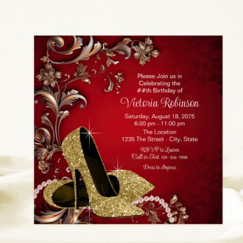 Womans Red Gold Shoe Birthday Party Invitation