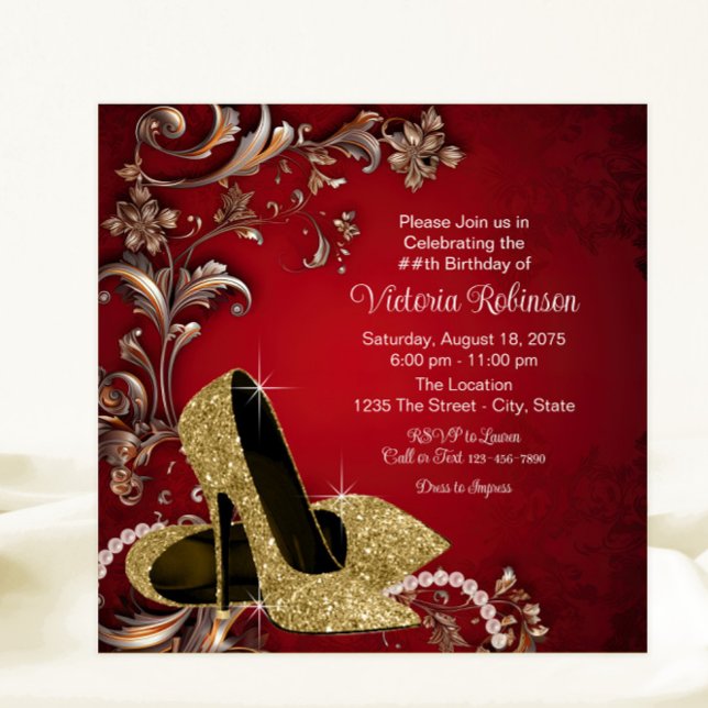 Womans Red Gold Shoe Birthday Party Invitation (Womans red gold shoe any number or event invitation. All text can be changed.)