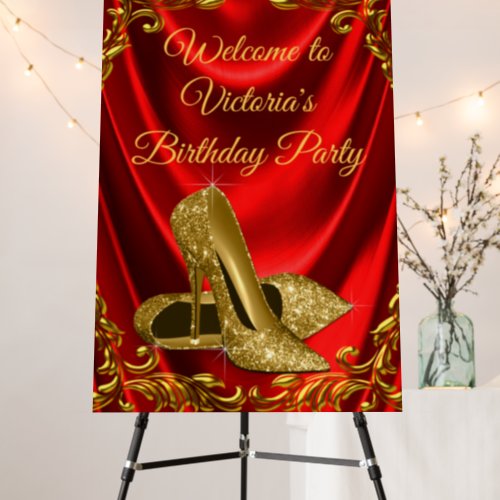 Womans Red Gold Shoe Birthday Party Welcome Sign