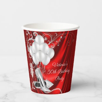 Womans Red Silver Birthday Party Paper Cups by Pure_Elegance at Zazzle