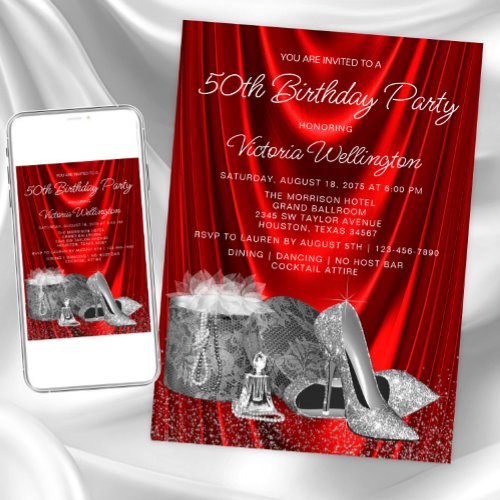 Womans Red Silver Shoe Any Number Birthday Invitation