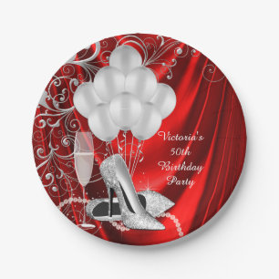 Womans Red Silver Shoe Birthday Party Paper Plates