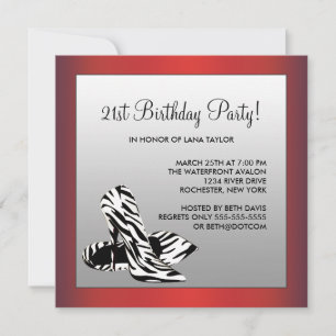 Womans Red Zebra 21st Birthday Party Invitation