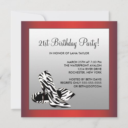 Womans Red Zebra 21st Birthday Party Custom Invite