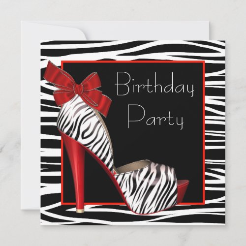 Womans Red Zebra Birthday Party Invitations