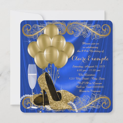 Womans Royal Blue and Gold Birthday Party Glam Invitation