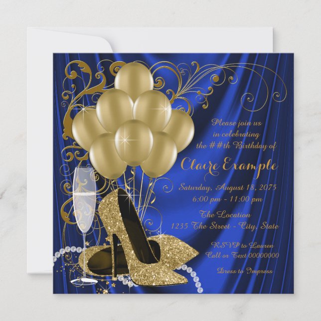 Womans Royal Blue and Gold Birthday Party Luxe Invitation | Zazzle