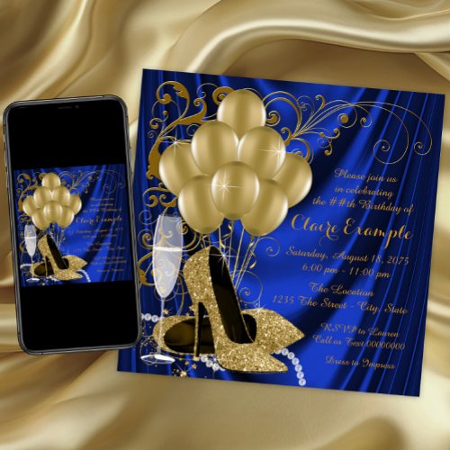 Womans Royal Blue and Gold Birthday Party Luxe Invitation