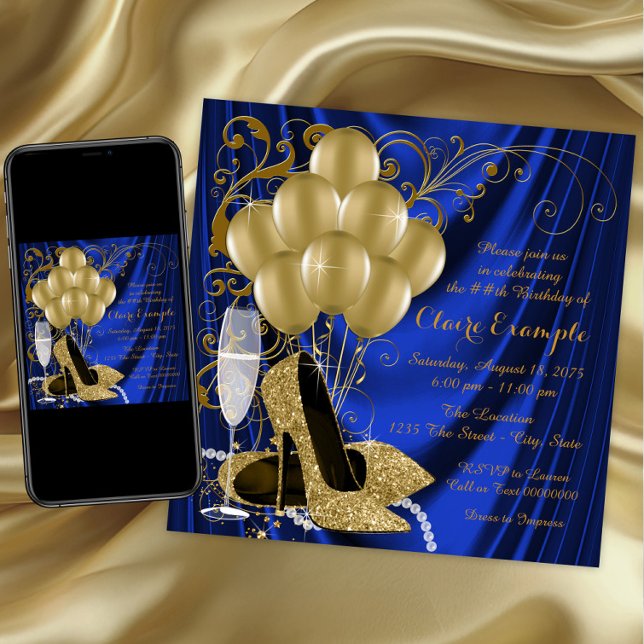 Womans Royal Blue and Gold Birthday Party Luxe Invitation (Womans royal blue gold high heel shoe any number birthday invitation. Download and print available.)