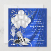 Womans Royal Blue and Silver Birthday Party Invitation (Front)