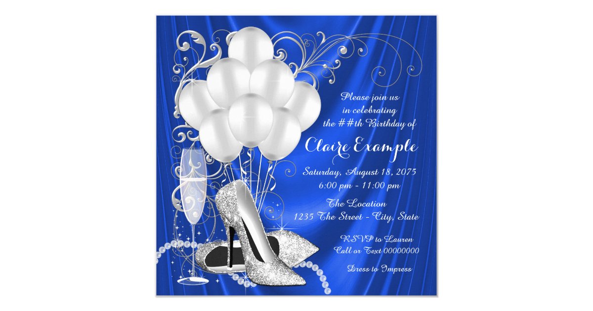 Womans Royal Blue and Silver Birthday Party Invitation | Zazzle.com