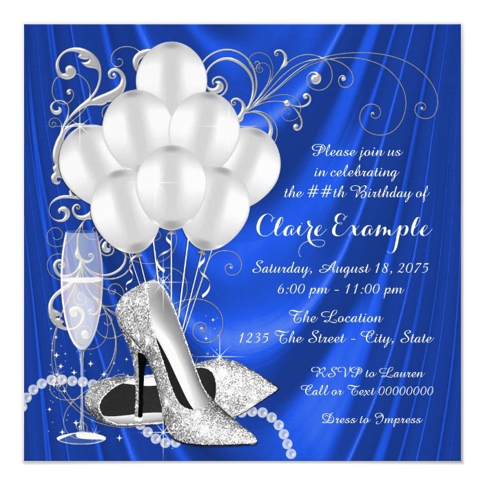 Womans Royal Blue And Silver Birthday Party Invitation