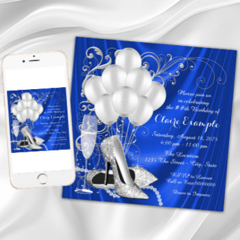 Womans Royal Blue And Silver Birthday Party Invitation by Pure_Elegance at Zazzle
