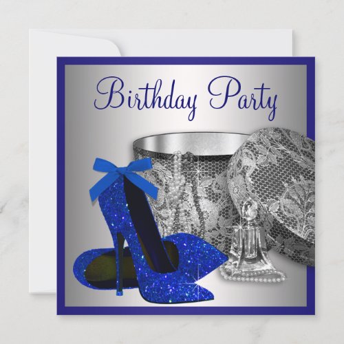 Womans Royal Blue Silver Birthday Party Invitation