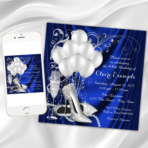 Womans Royal Blue and Silver Birthday Party Luxe Invitation