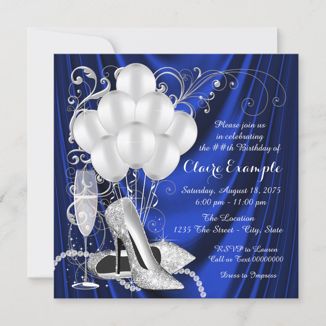 Womans Royal Blue And Silver Birthday Party Luxe Invitation Zazzle